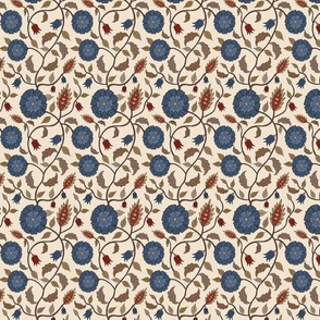 Indian Trailing Botanical Floral in Blue and Red, small scale