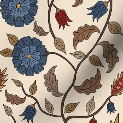 Traditional Indian Trailing Floral, Botanical, Red and Blue, 8” 