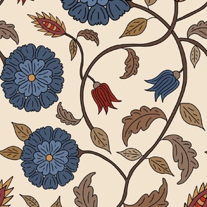 Indian style traditional trailing floral, blue and red, large scale botanical