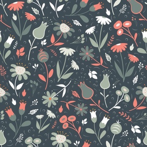Bloom Burst - Sage and Coral - Flowers - Terracotta - Olive Green - Charcoal - Daisies - Botanical - Garden