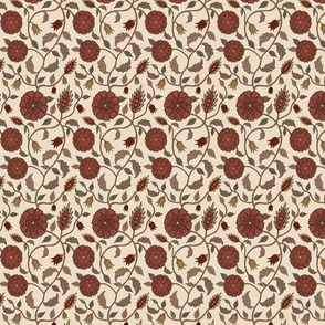 Traditional Indian Style Trailing Floral, Botanical in Red and Mustard, small scale