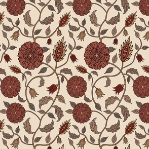 Indian Style Trailing Floral, Botanical, Red and Mustard, Traditional