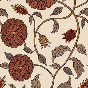 Indian Style Trailing Floral, Botanical, Red and Mustard, Large Scale