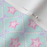 52 pink stars crystal gems gemstones jewels purple bows blue background white pearls trellis interlinked criss cross interconnected connected kawaii cute adorable elegant gothic EGL diamond quilting inspired pastels 