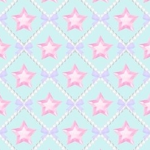 52 pink stars crystal gems gemstones jewels purple bows blue background white pearls trellis interlinked criss cross interconnected connected kawaii cute adorable elegant gothic EGL diamond quilting inspired pastels 