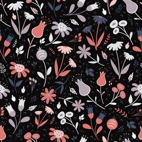 Bloom Burst - Terracotta Rose and Charcoal Blue - Blush - Flowers - Daisies - Botanical - Garden - Tulips - Nature - Floral