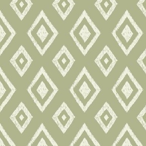 Ikat classic diamond Indie global textile pattern in in green mist on light olive green, small scale
