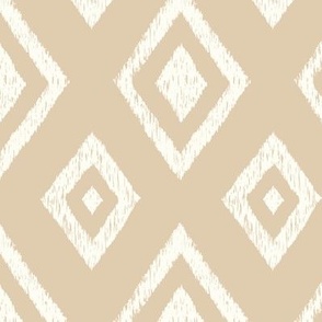 Ikat classic diamond Indie global textile pattern in natural white on soft sand beige , medium scale