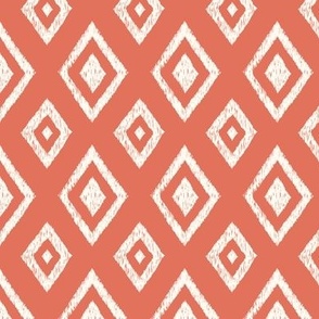 Ikat classic diamond Boho global textile pattern in natural white on earth tone terracotta, small scale