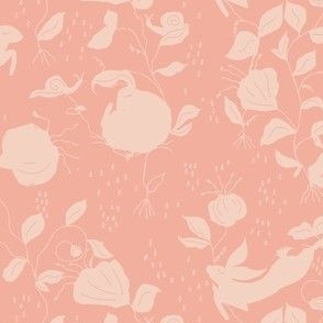 bunny fields in peach in coral background, spring, jumping bunnies, raindrops, kids
