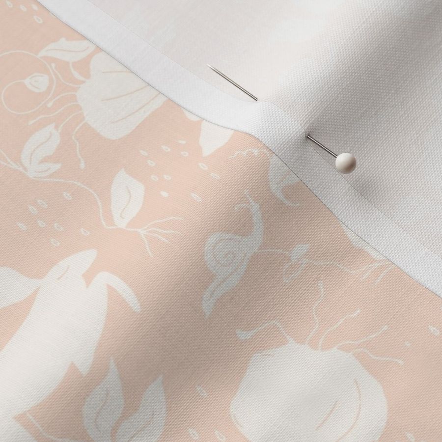 bunny fields in cream in peach background, spring, jumping bunnies, raindrops, kids