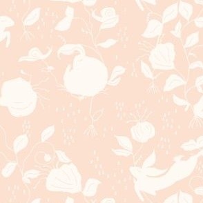 bunny fields in cream in peach background, spring, jumping bunnies, raindrops, kids