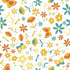 Blooming Bliss - Yellow and Teal - Florals - Flowers - Yellow - Garden - Botanicals - Nature - Butterflies - Dragonflies - Daisies - Daisy - Butterfly - Dopamine - Dragonfly