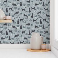 Kitties and Houseplants Blockprint Pattern in Light Blue and Navy Blue