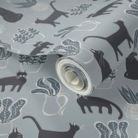 Kitties and Houseplants Blockprint Pattern in Light Blue and Navy Blue