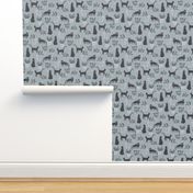 Kitties and Houseplants Blockprint Pattern in Light Blue and Navy Blue