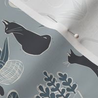 Kitties and Houseplants Blockprint Pattern in Light Blue and Navy Blue