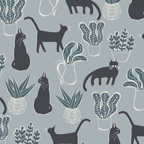Kitties and Houseplants in Light Blue and Navy Blue