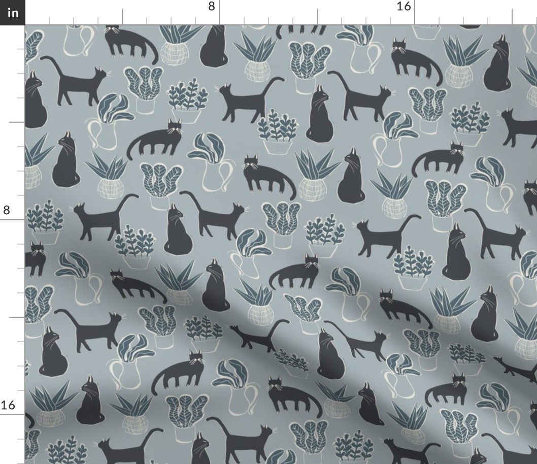Kitties and Houseplants Blockprint Pattern in Light Blue and Navy Blue