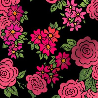 Pink Roses and Flowers on Black 