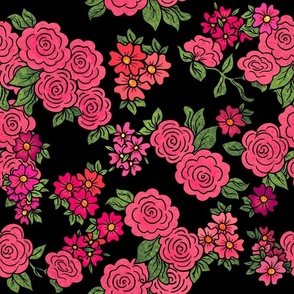 Pink Roses and Flowers on Black 