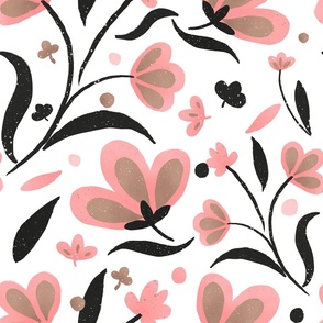 black and pink modern floral pattern on white background