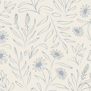 JUMBO loose floral - creamy white_ french grey blue - hand painted large scale flowers