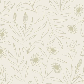 JUMBO loose floral - creamy white_ thistle green - hand painted large scale flowers