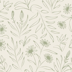 JUMBO loose floral - creamy white_ light sage green - hand painted large scale flowers