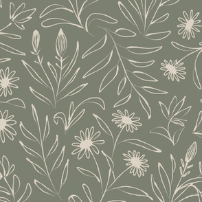 JUMBO loose floral - dried thyme green_ natural linen white - hand painted large scale flowers