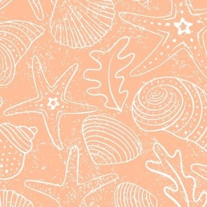 Large | Sea Shells and Starfish in White on Peach Fuzz