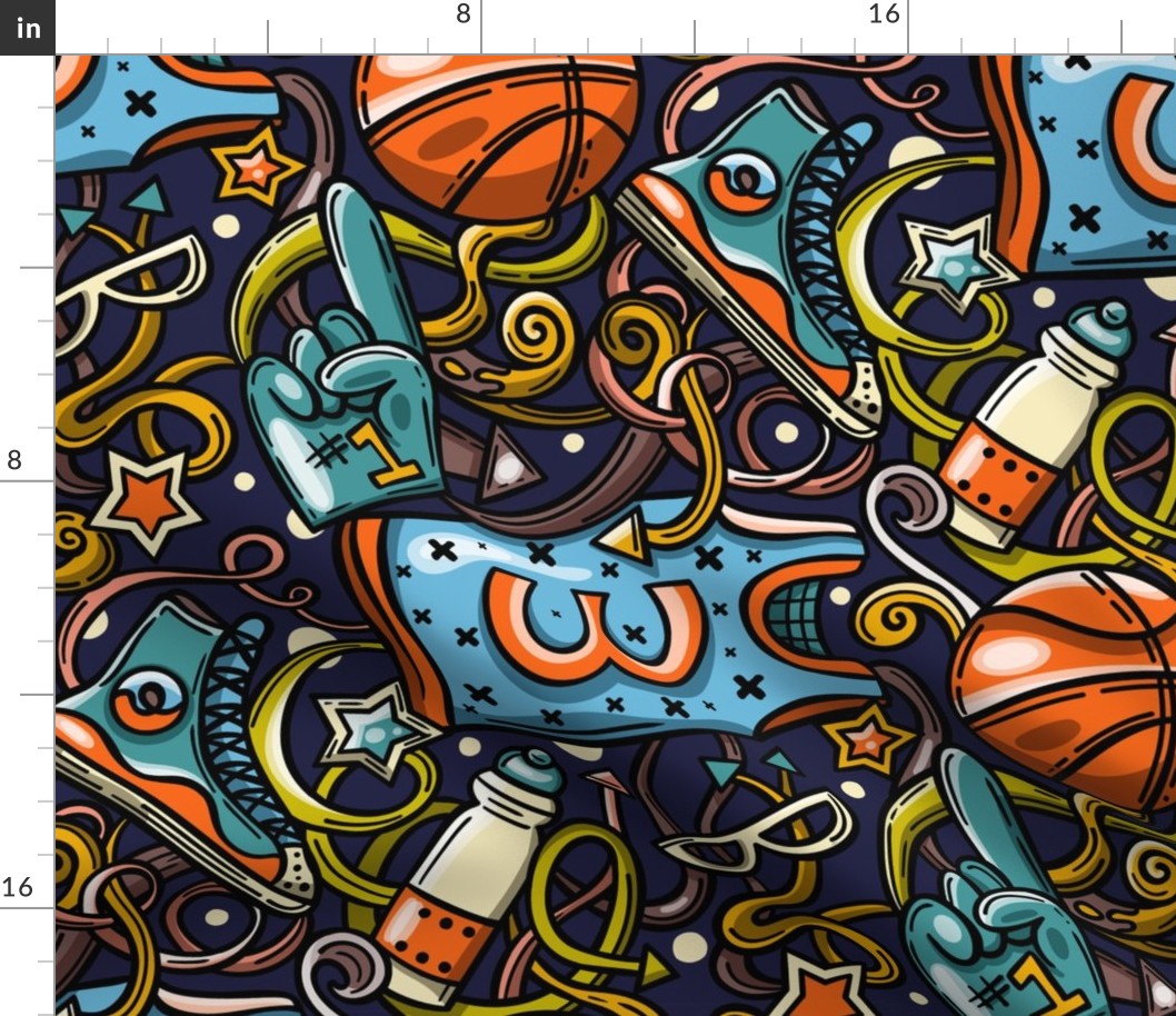 (L) Ditsy Basketball, Sports Design / Dark Blue Version / Large Scale or Wallpaper