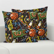 (L) Ditsy Basketball, Sports Design / Dark Gree Version / Large Scale or Wallpaper