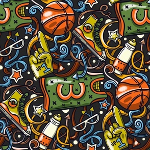 (L) Ditsy Basketball, Sports Design / Dark Gree Version / Large Scale or Wallpaper