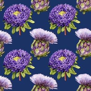 Artichokes and Asters Dark Blue