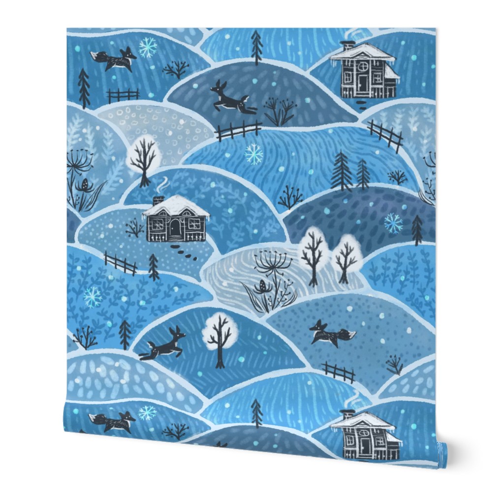 Country In Winter | Rolling Blue Snowy Hills | Fox, Deer, Trees, Rural