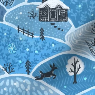 Country In Winter | Rolling Blue Snowy Hills | Fox, Deer, Trees, Rural