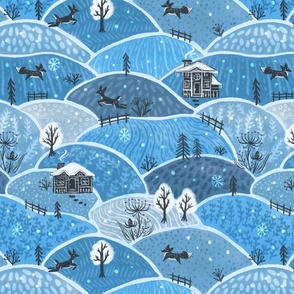 Country In Winter | Rolling Blue Snowy Hills | Fox, Deer, Trees, Rural