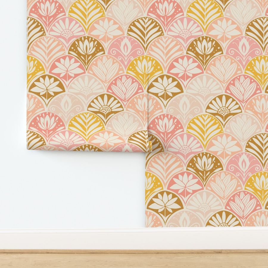 Blockprint floral in yellow, peach, coral and cream 24"