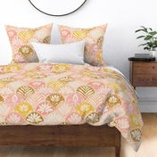 Blockprint floral in yellow, peach, coral and cream 24"