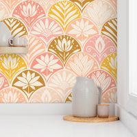 Blockprint floral in yellow, peach, coral and cream 24"