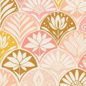Blockprint floral in yellow, peach, coral and cream 24"