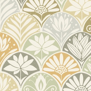Blockprint floral in shades of green  24"