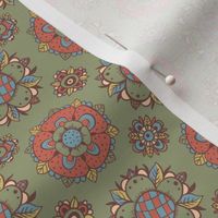 Khaki floral  rosette foulard pattern