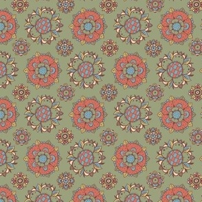 Khaki floral  rosette foulard pattern