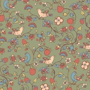 Folk birds, flowers and strawberries on khaki