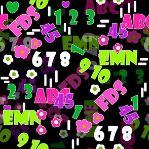 Bright neon letters and numbers on black