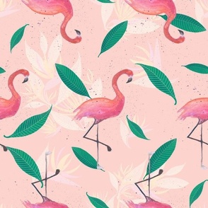 Pink flamingos and tropical flowers
