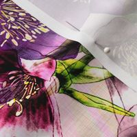 Hand drawn purple Hellebore flowers on a pink marbled background