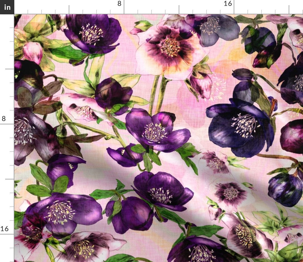 Hand drawn purple Hellebore flowers on a pink marbled background